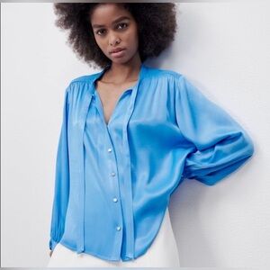 Zara Satin Bow Tie V-Neck Long Sleeve Button Up Blouse Chic | Sky Blue | Medium
